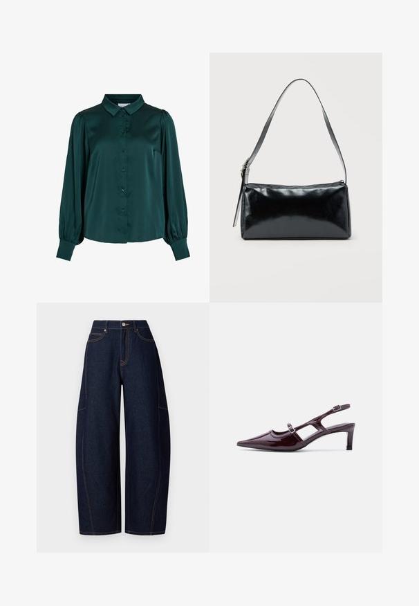 Mørkegrøn satinbluse med krave, frontknapper og puflange ærmer. Har en glat tekstur og en tætsiddende silhuet.; Bredde ben mørkeblå denimbukser med kontrasterende orangetråd, fem lommer og en knap- og lynlåslukning i taljen.; Bordeaux laklæder slingback-sko med spids tå, lav hæl og dobbelte justerbare spænderem.; Sort rektangulær skuldertaske med en enkelt justerbar rem og lynlås i toppen på en ensfarvet baggrund.