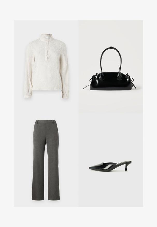 Blouse blanche à manches longues avec une surface texturée, un col volanté et une patte de boutonnage. Présente un subtil motif floral sur l'ensemble.; Pantalon droit gris en tissu texturé, doté d'un devant plat, de passants de ceinture et de poches latérales. Design minimal avec une finition soignée.; Mules en cuir verni noir avec un bout pointu, un petit talon et des côtés courbés, présentant une finition brillante et un design minimaliste.; Petit sac à main noir brillant avec deux longues anses et des détails à cordon sur les côtés sur un fond clair uni.