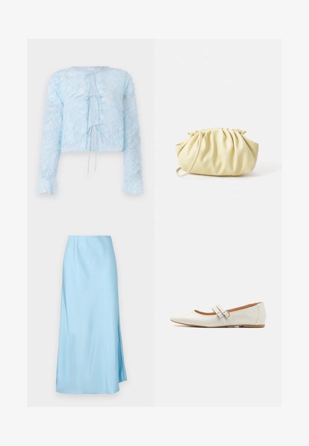 Lichtblauwe cropped blouse van doorschijnende stof met een textuur die doet denken aan veren. Heeft lange mouwen en een sluiting met een strik aan de voorkant.; Lichtblauwe midi-rok met een gladde textuur, voorzien van een kleine split aan de zijkant en een elastische tailleband voor comfort en draaggemak.; Witte patenten leren ballerina's met een puntige neus, twee decoratieve banden met zilveren gespen en een subtiele bruine zool.; Geel geplooide handtas van soepel nepleer, met een zachte vorm, een enkele schouderriem en een verzameld ontwerp aan de bovenkant.