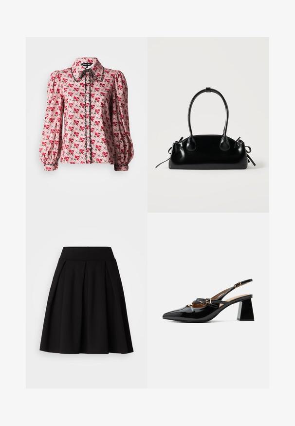 Bloemige blouse van roze stof met rode en groene bloemenpatronen. Puffmouwen, een kraag en een knoopsluiting aan de voorkant met contrasterende details.; Zwarte geplooide rok gemaakt van zachte stof, met een hoge tailleband en een uitlopende A-lijn vorm, geschikt voor diverse gelegenheden.; Zwarte lakleren slingback met spitse neus, dubbele dunne bandjes met gouden gespen en een stevige blokhak.; Kleine zwarte glanzende handtas met twee lange hengsels en zijkant trekkoord details op een effen lichte achtergrond.