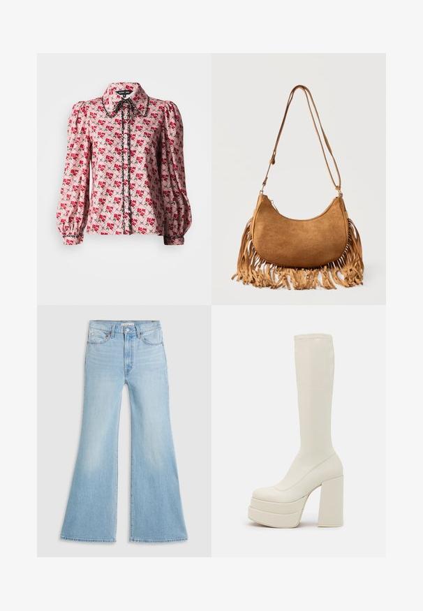 Blomstret bluse i pink stof med røde og grønne blomstermønstre. Puffærmer, krave og knaplukning foran med kontrastdetaljer.; Lysblå flagrende jeans med høj talje, lavet af denim. Har et klassisk fem-lomme design og en rå kant ved ærmerne.; Steve Madden CYPRESS - Plateaustøvler - off white; Brun ruskinds skuldertaske i halvmåneform med lang rem og frynser langs de nederste kanter mod en hvid baggrund.