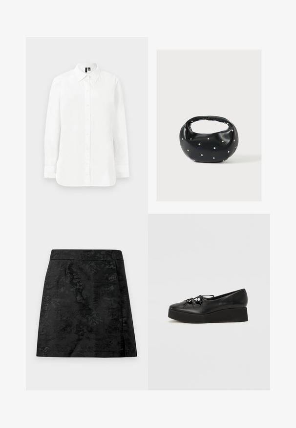 Chemise blanche à manches longues avec boutons, col pointu, poignets standards et ourlet droit sur fond clair uni.; Jupe noire avec un motif floral, texture lisse et coupe ajustée. Présente une taille élastiquée et une coupe droite avec une légère évasement.; Chaussures à plateforme en cuir noir avec un bout arrondi, dotées d'une semelle noire plate et d'un laçage décoratif en nœud à l'avant.; Sac à main en cuir noir de forme arrondie, décoré de clous argentés et équipé d'une poignée courte. Texture lisse et fermeture éclair.