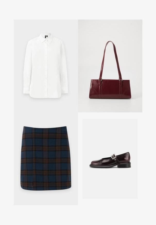 Chemise blanche à manches longues avec boutons, col pointu, poignets standards et ourlet droit sur fond clair uni.; Jupe mini en tartan bleu marine avec des lignes marron et grises, fabriquée dans un tissu lisse, avec une fente discrète au dos pour plus de liberté de mouvement.; Chaussure Mary Jane unique brillante couleur bordeaux foncé avec une large bride et une boucle argentée, talon bloc bas et bout arrondi sur fond blanc.; Sac à main bordeaux en matériau brillant, de forme rectangulaire, avec deux anses et des accents légèrement courbés à l'avant.