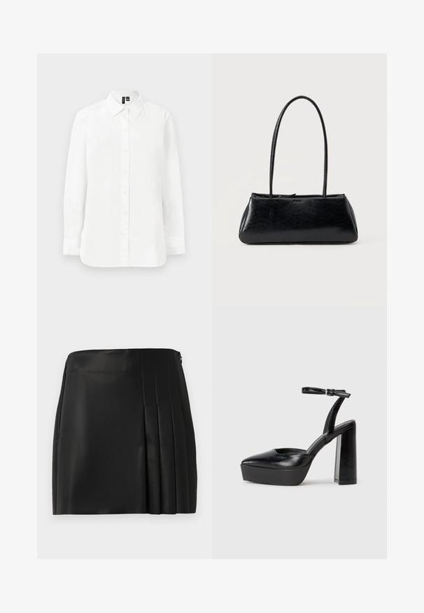 Camisa blanca de manga larga con botones, cuello puntiagudo, puños estándar y dobladillo recto sobre un fondo claro y liso.; Mini falda de piel sintética negra con un frente liso y detalle plisado en el lado derecho, que cuenta con un cierre de cremallera en la parte posterior.; Zapatos de tacón negro con punta afilada y correa ajustable en el tobillo. Confeccionados en cuero suave, presentan un tacón grueso.; Bolso de hombro rectangular negro con correas largas y delgadas y una textura lisa y brillante sobre un fondo liso.