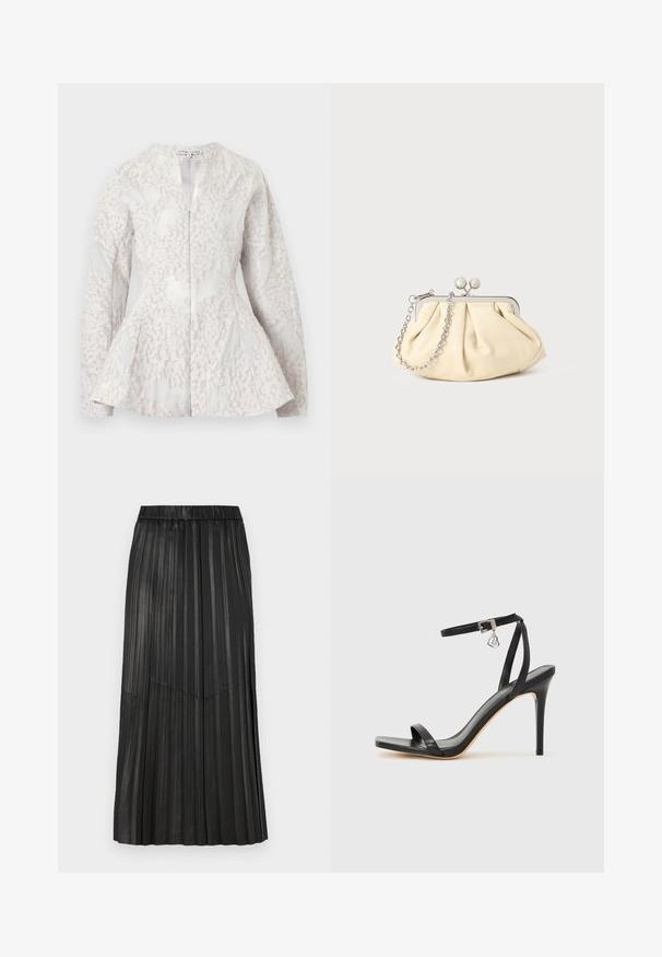 Blazer blanc à manches longues avec un motif floral texturé subtil, taille ajustée et ourlet légèrement évasé, fermeture éclair devant.; Jupe plissée noire en matériau synthétique avec une taille élastique et des plis verticaux, présentant un détail de couture en V à l'avant.; Sandale à talon haut noire avec une bride étroite à la cheville, bout carré, cuir lisse et accent de boucle métallique.; Pochette en cuir beige plissé avec un cadre en métal argenté, dotée de deux fermoirs ronds décoratifs et d'une chaîne en argent.