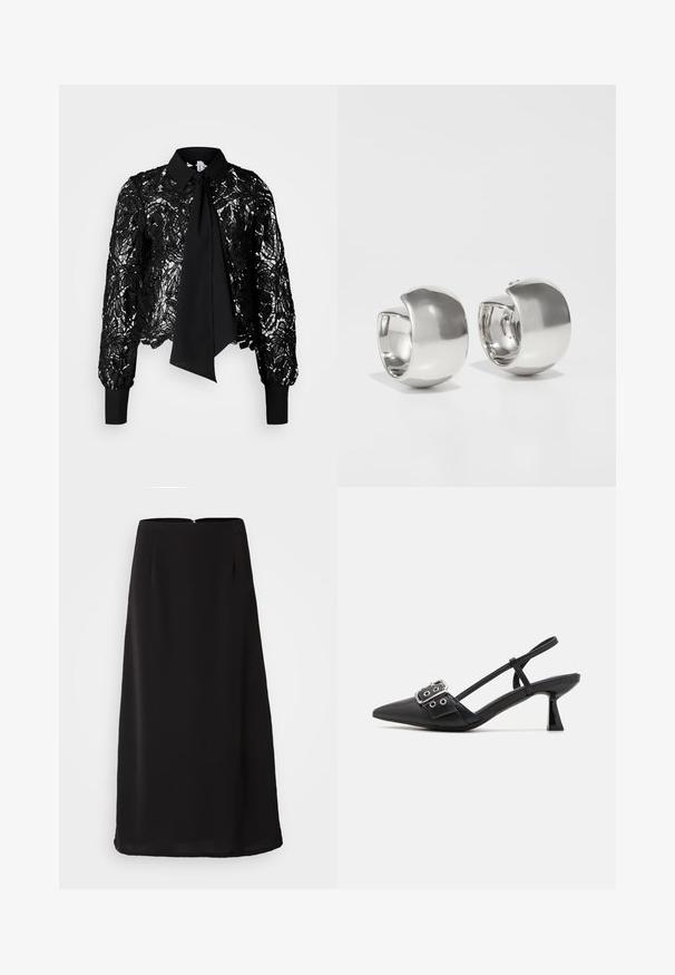 Vero Moda Tall VMEDA SHORT BOW SHIRT - Blusa - black; Falda midi negra con una textura suave, silueta recta y cremallera en la parte posterior. Presenta un sutil plisado para añadir detalle y fluidez.; Simmi London DALA - Tacones - black; Uncommon Matters SCULPTURAL LARGE CREOLE - Pendientes - silver-coloured
