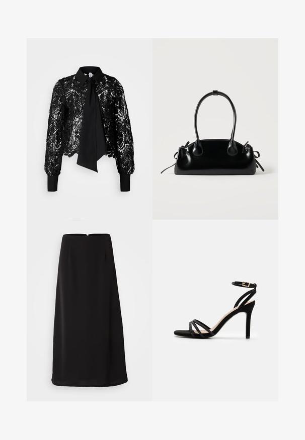 Vero Moda Tall VMEDA SHORT BOW SHIRT - Blusa - black; Falda midi negra con una textura suave, silueta recta y cremallera en la parte posterior. Presenta un sutil plisado para añadir detalle y fluidez.; Anna Field by Zalando Sandalias - black; Pequeño bolso negro brillante con dos asas largas y detalles de cordón lateral sobre un fondo claro liso.