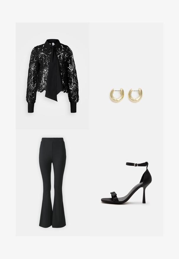 Vero Moda Tall VMEDA SHORT BOW SHIRT - Blouse - black; Zwarte flared broeken van rekbare stof. Heeft een hoge tailleband en een gladde, aansluitende pasvorm die vanaf de knie uitloopt.; Zwarte sandaal met hoge hak, een enkelriem, een zilveren gesp en een voorriem met een klein strikdetail.; Gouden hoepeloorbellen met een gladde, gepolijste afwerking. Beschikken over een halve cirkelvorm en een veilige postsluiting.
