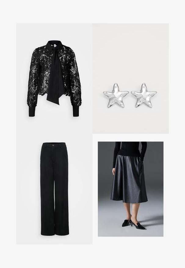 Vero Moda Tall VMEDA SHORT BOW SHIRT - Blouse - black; Zwarte wijde broek met een gladde textuur, voorzien van een knoopsluiting en voorzakken. Klassiek en veelzijdig ontwerp geschikt voor verschillende gelegenheden.; Zwarte leren midi-jurk met een gladde textuur; heeft een tailleband en zijzakken. Gepaarde met glanzende zwarte hakken.; Zilveren stervormige oorbellen met een gepolijste, glanzende afwerking. Elke oorbel heeft vijf punten en subtiele textuurdetails op het oppervlak.