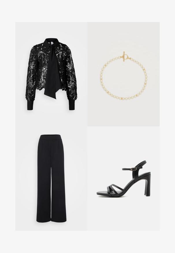 Vero Moda Tall VMEDA SHORT BOW SHIRT - Pluus - black; ONLY Tall ONLNEW KLARA EVI LIFE CLEAN - Püksid - black; Mustad kõrge kontsaga sandaalid, millel on kolm esimest rihma, kuldne pandlaga pahkluu rihm ja plokktald ühevärvilisel taustal.; Ühe ahelaga pärlisehe koos kuldsete vahehelmeste ja kuldse ripptiivaga valgel taustal.