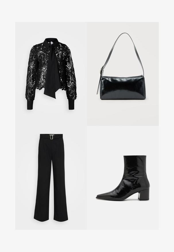 Vero Moda Tall VMEDA SHORT BOW SHIRT - Blouse - black; Zwarte wijde broek gemaakt van lichtgewicht stof, met een gladde textuur, voorplooien en een riem met een vierkante metalen gesp.; Zwarte gepatineerde leren enkelboot met een spitse neus, gestructureerde bovenkant en een chunky hak. Beschikt over een gladde, glanzende textuur.; Zwarte rechthoekige schoudertas met een enkele verstelbare band en een bovenste ritssluiting op een effen achtergrond.
