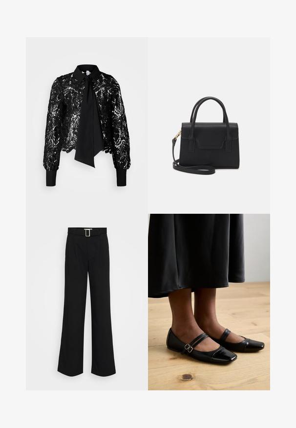 Vero Moda Tall VMEDA SHORT BOW SHIRT - Blusa - black; Pantalones anchos negros de tela ligera, con una textura suave, pliegues frontales y un cinturón con una hebilla metálica cuadrada.; Bailarinas de charol negro con punta cuadrada, que cuentan con dos tiras con hebillas. Las suelas son planas sobre un suelo de madera clara.; Bolso estructurado negro de cuero con un asa superior, correa de hombro desmontable y un detalle de tapa en la parte frontal. Acentos en dorado.
