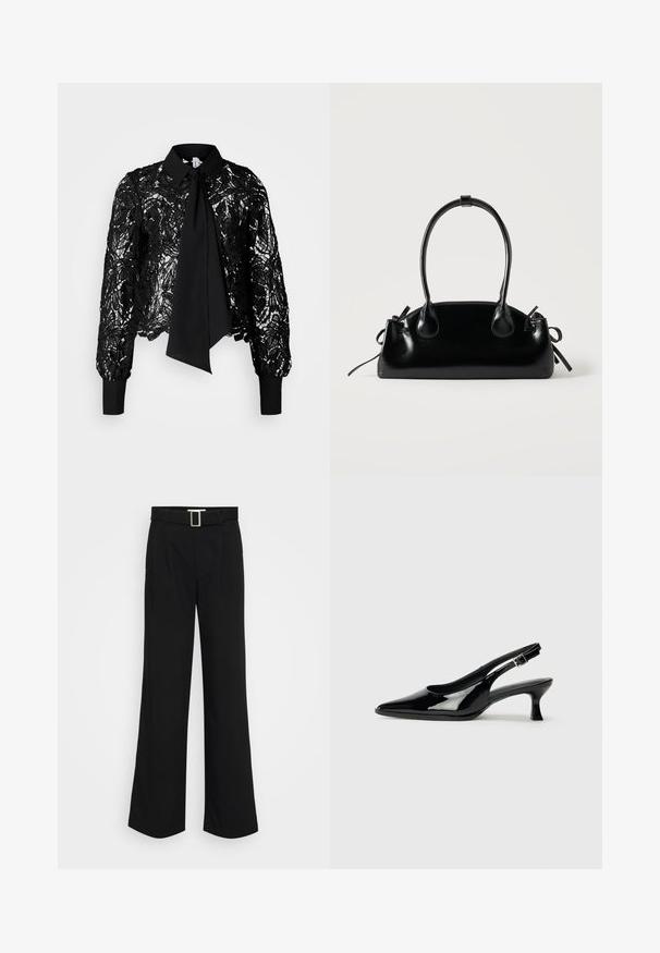 Vero Moda Tall VMEDA SHORT BOW SHIRT - Blouse - black; Zwarte wijde broek gemaakt van lichtgewicht stof, met een gladde textuur, voorplooien en een riem met een vierkante metalen gesp.; Zwarte lakleren slingback schoenen met een spitse neus en een lage blokhak. Verstelbare gespband bij de enkel.; Kleine zwarte glanzende handtas met twee lange hengsels en zijkant trekkoord details op een effen lichte achtergrond.