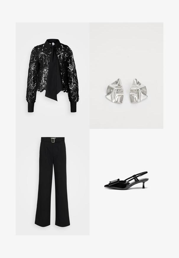 Vero Moda Tall VMEDA SHORT BOW SHIRT - Blouse - black; Zwarte wijde broek gemaakt van lichtgewicht stof, met een gladde textuur, voorplooien en een riem met een vierkante metalen gesp.; Zwarte gepatineerde lederen slingback hakken met een puntige neus, een strikdetail aan de voorkant en een kleine stilettohak. De bandjes hebben verstelbare gespen.; Zilveren metalen oorbellen met een golvend, sculpturaal ontwerp, voorzien van een gepolijste afwerking en onregelmatige vormen, die een hedendaagse esthetiek benadrukken.