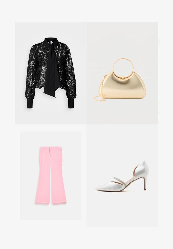 Vero Moda Tall VMEDA SHORT BOW SHIRT - Blouse - black; Roze uitlopende sweatpants gemaakt van zachte stof, met een trekkoord in de taille en kantafwerking aan de onderkant, met een logodetail boven de knie.; Zilverkleurige pumps met een puntige neus, lage naaldhak en een dunne band versierd met strass steentjes over de wreef.; Kleine metalen gouden handtas met afgeronde driehoekige vorm, ronde gouden handgreep en afneembare gouden kettingriem op witte achtergrond.