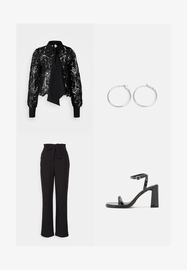 Vero Moda Tall VMEDA SHORT BOW SHIRT - Blouse - black; PIECES Tall PCBOSS PAPERBAG STRAIGHT PANTS - Broek - black; Call it Spring Sandalen - black; sweet deluxe EARRING - Oorbellen - silver-coloured