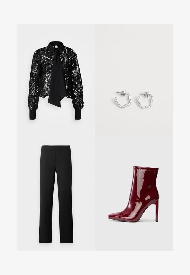 Vero Moda Tall VMEDA SHORT BOW SHIRT - Blouse - black; Zwarte rechte broek gemaakt van een gladde, rekbare stof met een brede tailleband. Geen zichtbare naden of zakken, met een eenvoudig ontwerp.; Glanzend donkerrood gepatineerd leren enkellaarsje met spitse neus en hoge dunne hak, weergegeven in zijprofiel op een witte achtergrond.; Een paar kleine zilveren creolen met onregelmatige golvende vormen en postsluitingen op een effen witte achtergrond.