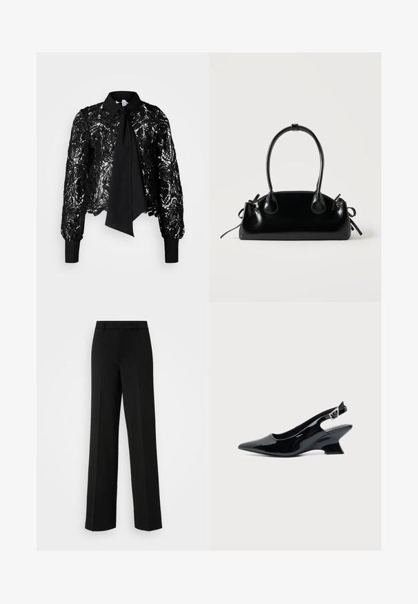 Vero Moda Tall VMEDA SHORT BOW SHIRT - Blusa - black; ONLY Tall ONLPEACH LIFE WIDE - Pantalones - black; Zapato slingback de cuero charol negro con puntera puntiaguda y tacón bajo en bloque inclinado sobre fondo claro liso.; Pequeño bolso negro brillante con dos asas largas y detalles de cordón lateral sobre un fondo claro liso.