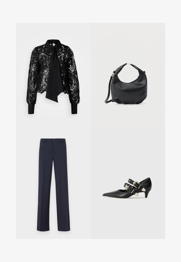 Vero Moda Tall VMEDA SHORT BOW SHIRT - Pluus - black; Tumesinine, sirged sääred püksid, mis on valmistatud siledast kangast. Omab esist nupuvajutust ja küljetaskuid. Lihtne ja kaasaegne disain.; Replay CECILE DOUBLE - Klassikalised kontsakingad - black; Mustast punutud nahast käekott lühikese sangaga ja eemaldatava õlarihmaga, esitatud lameda heleda tausta ees.
