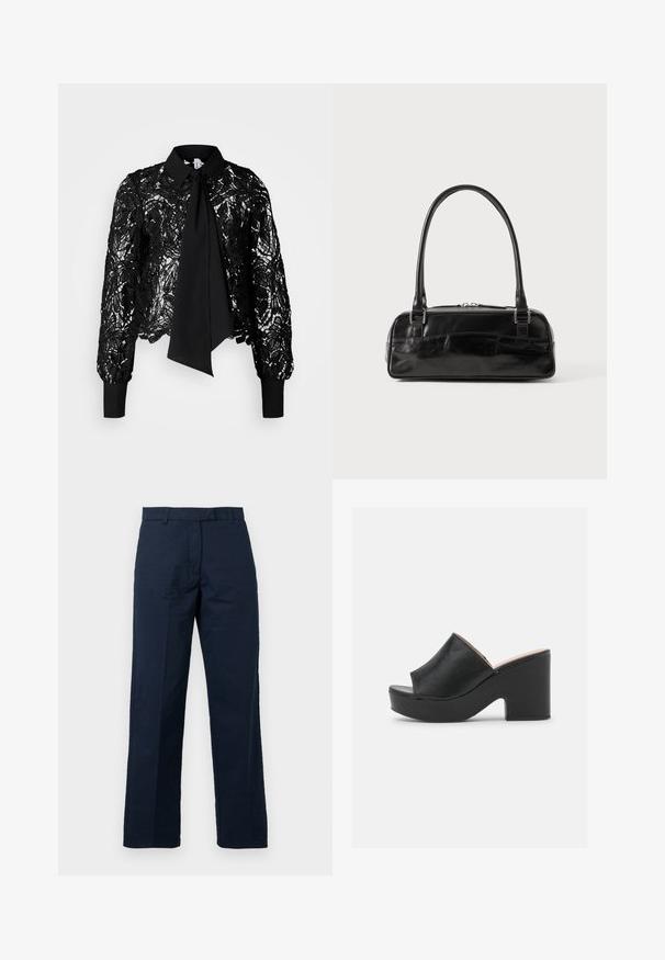 Vero Moda Tall VMEDA SHORT BOW SHIRT - Blouse - black; Navyblauwe katoenen broeken met een rechte pasvorm, platte voorkant en riemlussen; heeft een gladde textuur en een perslijn detail.; Zwarte leren open teen muiltjes met een brede voorkant en een stevige, hoge plateauhak met een gladde textuur. Zijaanzicht weergegeven.; Zwarte leren handtas met een rechthoekige vorm, voorzien van een enkele gestructureerde handgreep, zilveren hardware en ritsluiting. Gladde textuur.