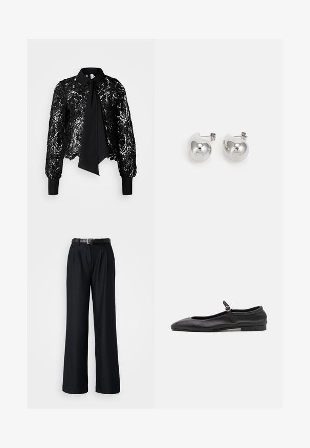 Vero Moda Tall VMEDA SHORT BOW SHIRT - Blusa - black; Pantalones de pierna ancha negros, hechos de una tela suave, con pliegues frontales y un cinturón negro a juego con una hebilla plateada.; Bailarinas de cuero negro con punta redonda, escote estrecho y una pequeña correa en el tobillo con una hebilla circular. Suela baja y plana.; Pendientes de gota de plata con superficies redondeadas y reflectantes; diseño minimalista con textura suave y un sutil detalle de marca.
