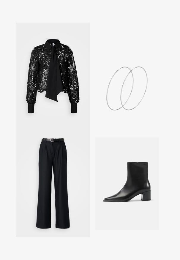Vero Moda Tall VMEDA SHORT BOW SHIRT - Blusa - black; Pantalones de pierna ancha negros, hechos de una tela suave, con pliegues frontales y un cinturón negro a juego con una hebilla plateada.; Bota negra de cuero hasta el tobillo con punta afilada, textura suave y tacón mediano. Diseño minimalista, cierre con cremallera en la parte posterior.; Pendientes de aro plateados con un diseño minimalista. Forma circular, textura suave y perfil delgado. Livianos con un acabado pulido.