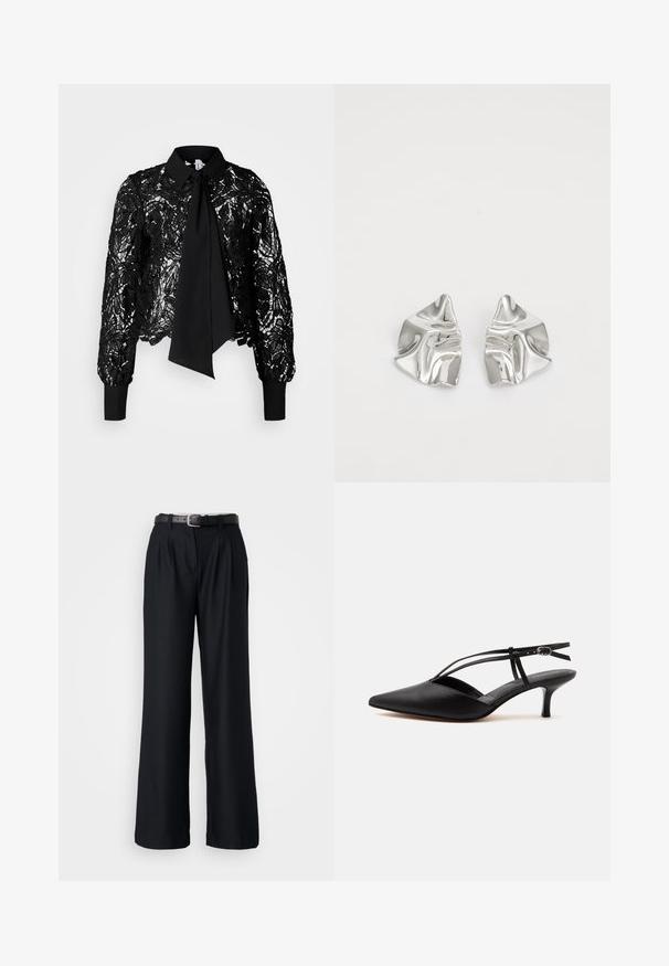 Vero Moda Tall VMEDA SHORT BOW SHIRT - Blouse - black; Zwarte wijde broek van gladde stof, met voorplooien en een bijpassende zwarte riem met een zilveren gesp.; Zwarte leren pumps met spits toelopende neus, kittenheel met dunne enkelriem en gesp, slingback ontwerp, op een effen lichte achtergrond.; Zilveren metalen oorbellen met een golvend, sculpturaal ontwerp, voorzien van een gepolijste afwerking en onregelmatige vormen, die een hedendaagse esthetiek benadrukken.