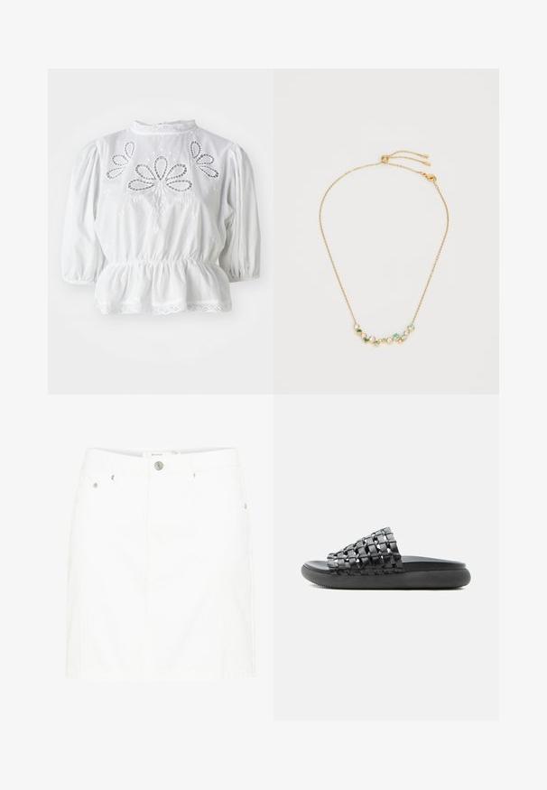 Blouse blanche avec des manches bouffantes, des découpes brodées sur le corsage, une taille peplum, et une dentelle en bordure du col et de l'ourlet.; Jupe mini en denim blanc avec une taille à boutons, deux poches avant et des détails de couture subtils. Texture lisse et design ajusté.; Sandale noire à enfiler avec empeigne en cuir tressé et semelle épaisse et matelassée, vue de profil sur fond blanc.; Collier en chaîne dorée avec un design courbé, orné de pierres précieuses multicolores rondes, y compris des accents clairs et verts. Fermoir ajustable.