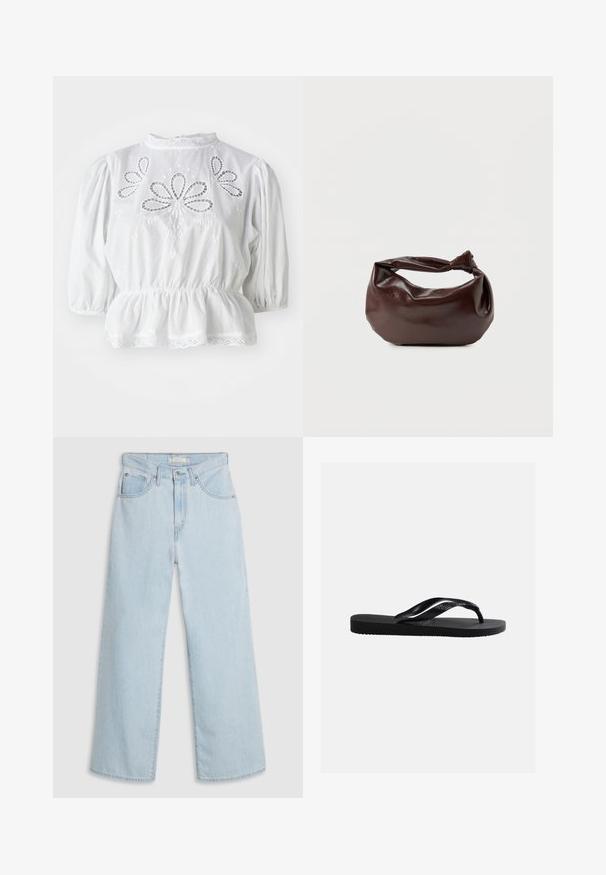 Blouse blanche avec des manches bouffantes, des découpes brodées sur le corsage, une taille peplum, et une dentelle en bordure du col et de l'ourlet.; Jean large en denim bleu clair à taille haute, avec une fermeture à bouton et zip, deux poches avant et des détails de couture subtils.; Tongs en caoutchouc noir avec semelle texturée et bride en forme de Y, arborant un logo de marque discrètement embossé sur le côté.; Sac bandoulière en cuir marron foncé avec une forme souple et décontractée et une anse nouée torsadée sur un fond blanc uni.
