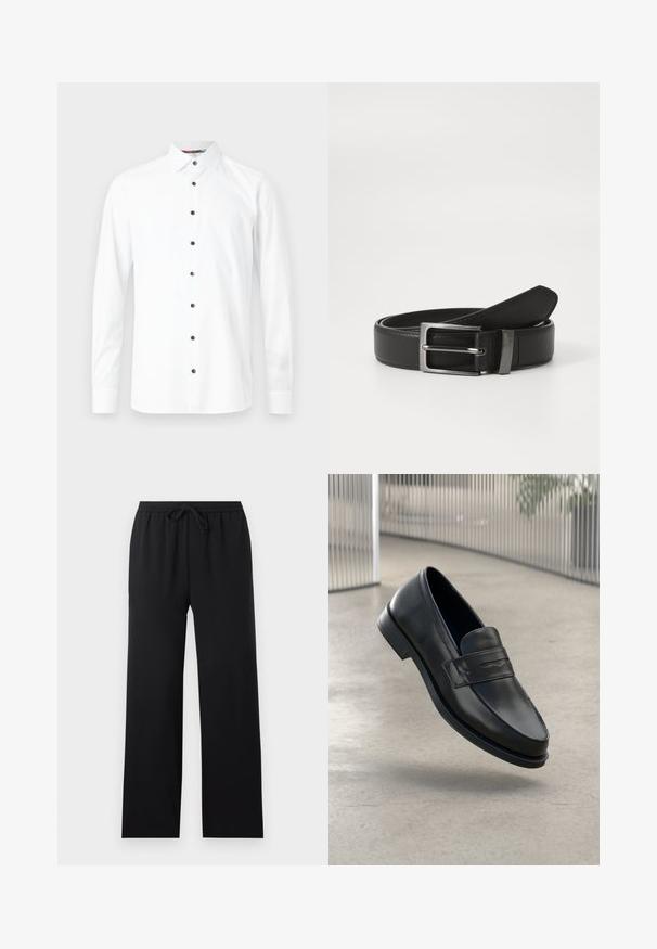 Chemise blanche à manches longues avec boutons noirs, col pointu et poignets boutonnés sur fond gris clair.; Pantalon noir ample avec taille élastique et cordon de serrage à l'avant, jambes droites, design sobre, présenté sur un fond neutre.; Mocassin en cuir noir à texture lisse, bout pointu et bande décorative sur le cou-de-pied. Semelle légère, design minimaliste.; Ceinture en cuir noir avec une boucle en métal argenté, présentant une finition lisse et un design classique. La ceinture est soigneusement pliée.