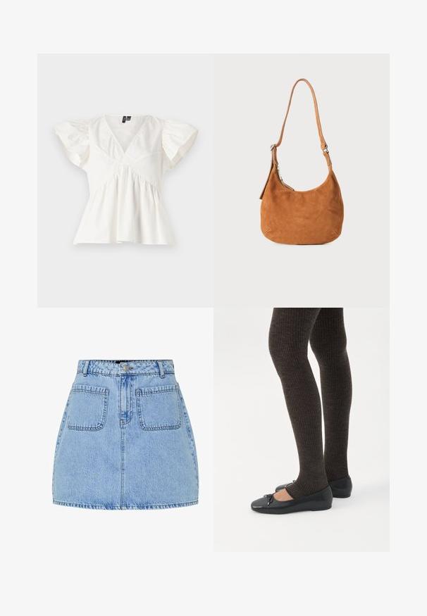Blusa de algodón blanca con escote en V, mangas cortas abullonadas y tela fruncida en la cintura para un ajuste relajado. Diseño limpio, sin patrones.; Minifalda de mezclilla azul claro con cintura alta, cierre frontal de botones y dos bolsillos traseros. Cuenta con costuras en contraste y un corte recto.; Piernas con leggings oscuros acanalados combinados con bailarinas negras que presentan pequeños detalles de lazo sobre un fondo blanco.; Bolso de hombro de ante marrón claro con un diseño curvado, correa ajustable, cremallera metálica y detalle de logo en relieve en la parte frontal.