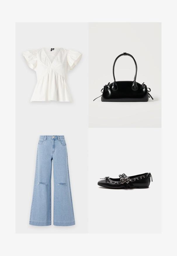 Blusa de algodón blanca con escote en V, mangas cortas abullonadas y tela fruncida en la cintura para un ajuste relajado. Diseño limpio, sin patrones.; Jeans de pernera ancha de color azul claro con una cintura alta, que cuentan con dos bolsillos frontales y dos detalles de rodillas rasgadas, elaborados en material de denim.; Zapato de ballet plano negro con correas de doble hebilla, ojales plateados y un pequeño lazo cerca de la puntera redondeada sobre un fondo blanco.; Pequeño bolso negro brillante con dos asas largas y detalles de cordón lateral sobre un fondo claro liso.
