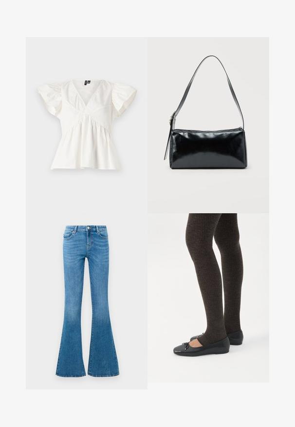 Blusa de algodón blanca con escote en V, mangas cortas abullonadas y tela fruncida en la cintura para un ajuste relajado. Diseño limpio, sin patrones.; Jeans de mezclilla azul acampanados con una cintura de media altura, que cuentan con cinco bolsillos, un cierre de botón estándar y un ligero desgastado para dar textura.; Piernas con leggings oscuros acanalados combinados con bailarinas negras que presentan pequeños detalles de lazo sobre un fondo blanco.; Bolso de hombro rectangular negro con una correa ajustable y un cierre de cremallera superior sobre un fondo liso.