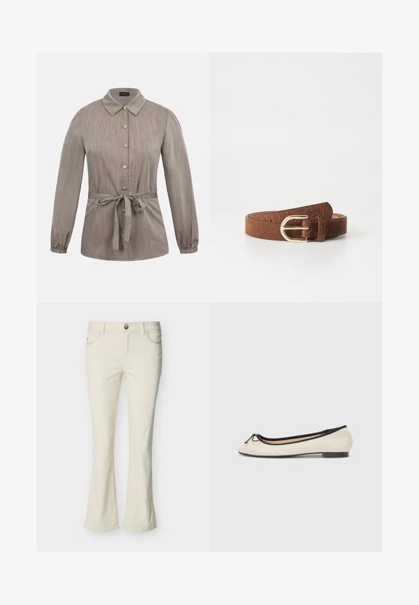Blouse marron clair à manches longues avec col, boutons dorés sur le devant et ceinture nouée à la taille, avec une subtile texture verticale.; Jeans bootcut pour femmes de couleur crème avec bouton à l'avant, fermeture éclair, et poches avant sur un fond blanc.; Ballerine en textile beige avec une bordure noire. Affiche un bout arrondi et un petit nœud en accent sur le devant. Semelle basse.; Ceinture en fausse fourrure marron avec une texture lisse, dotée d'une boucle en métal doré et d'un design classique, adaptée à diverses tenues.