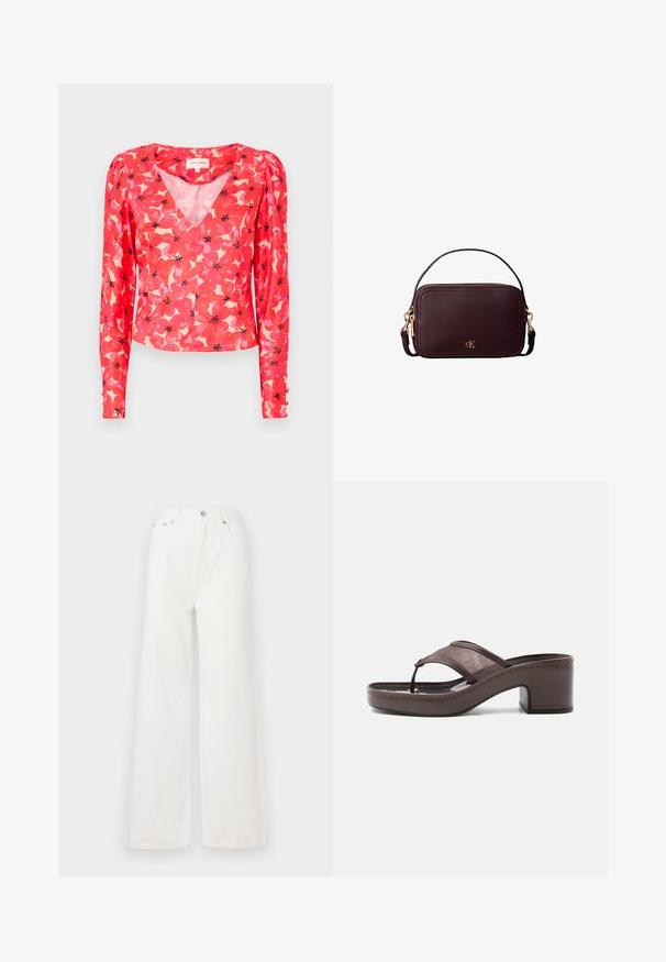 Blouse rouge à manches longues avec un décolleté en V, ornée de motifs de fleurs roses et noires sur un fond clair. Fabriquée en tissu léger et transparent.; Jeans large à taille haute blancs en denim. Comprend des poches avant, une fermeture à bouton et des détails d'ourlet effiloché.; Sandale marron à talon avec lanière en mesh et design en tige, dotée d'un talon bloc et d'une semelle cousue, présentée de profil sur fond blanc.; Sac à main rectangulaire en cuir marron foncé avec fermeture éclair dorée, poignée courte, bandoulière amovible et petit logo cK doré à l'avant.