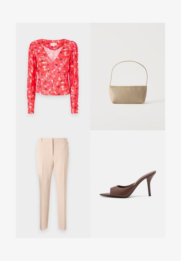 Punainen kukallinen pitkähiha blouse, jossa on V-pääntie ja vaalealla taustalla vaaleanpunaisia ja mustia kukkakuosisia. Valmistettu kevyestä, läpikuultavasta kankaasta.; Beige suorat housut, joissa on litteä etuosa, vyölenkit, kaksi sivutaskua ja suorasaumainen muotoilu. Sujuva kangas ja minimaaliset yksityiskohdat.; Ruskean nahkakengät, joissa on avonainen varvas, korkea kanta ja tyylikäs muotoilu. Kengissä on leveä etuhihna ja hoikka stiletto-korko.; Beigen sävyinen kudottu käsilaukku, jossa ohut olkahihna ja pieni kultainen "BOSS"logo edessä, valkoista yksiväristä taustaa vasten.