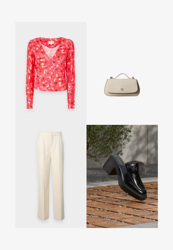 Blouse rouge à manches longues avec un décolleté en V, ornée de motifs de fleurs roses et noires sur un fond clair. Fabriquée en tissu léger et transparent.; Pantalons taillés de couleur crème avec une jambe droite, présentant des plis sur le devant et une finition lisse. La taille est plate et sans ornements.; Mule slip-on en cuir noir Calvin Klein avec talon bloc reposant sur des carreaux en bois à l'extérieur près d'une plante verte et d'un mur gris.; Petit sac à main en cuir beige avec poignée supérieure et logo CK argenté sur le rabat avant, présenté sur fond blanc.