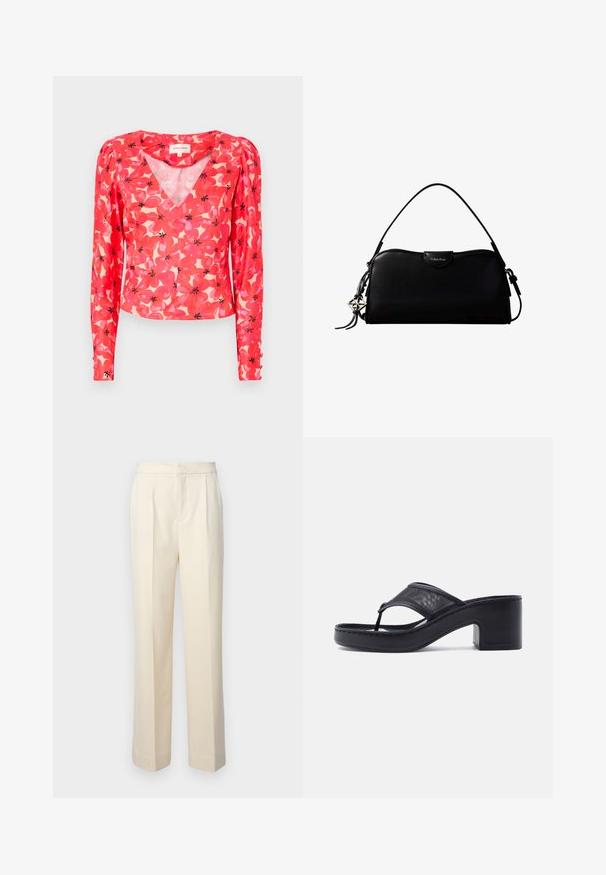 Blouse rouge à manches longues avec un décolleté en V, ornée de motifs de fleurs roses et noires sur un fond clair. Fabriquée en tissu léger et transparent.; Pantalons taillés de couleur crème avec une jambe droite, présentant des plis sur le devant et une finition lisse. La taille est plate et sans ornements.; Sandale noire à talon aiguille avec un talon épais et une large bride en mesh sur le dessus du pied, sur un fond clair uni.; Sac à main rectangulaire noir Calvin Klein avec une seule sangle supérieure, un charm logo argenté et une petite fermeture à rabat sur le devant.