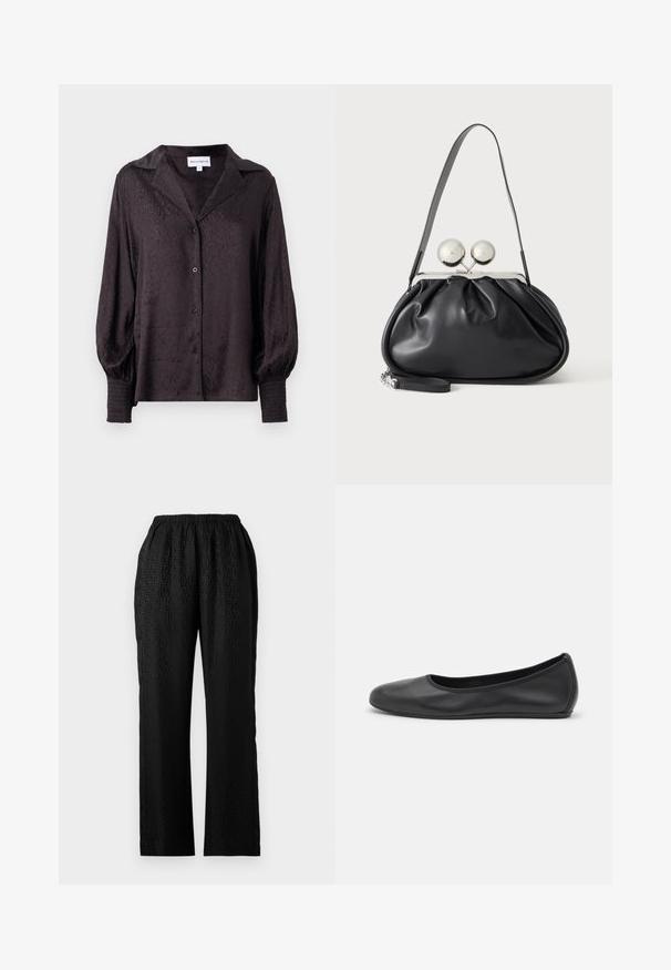 Blouse en satin noir avec un imprimé animal subtil, fermeture à boutons et coupe ample. Dotée de manches bouffantes et de détails smockés aux poignets.; Pantalons noirs à taille élastique avec un design texturé présentant un motif discret, coupe droite et un tissu léger.; Ballerines en cuir noir avec un bout rond, texture lisse, détails de couture minimalistes et design de semelle flexible.; Sac à main en cuir noir avec un design plissé, une sangle unique, un cadre métallique argenté et deux grandes fermoirs ronds en argent.