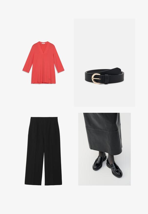 Tunique corail à col en V avec manches trois-quarts, en tissu lisse, arborant un discret logo près de l'ourlet.; Pantalons larges noirs en tissu lisse, avec deux poches avant, un devant plat, et une fermeture éclair sur le côté.; Mocassins en cuir noir avec une finition lisse, ornés d'une bande décorative, à bout rond et avec une semelle texturée. Portés avec une longue jupe en cuir noir.; Ceinture en cuir noir avec une boucle en métal doré, texture plate et un seul support ; présente une finition lisse et un design minimaliste.
