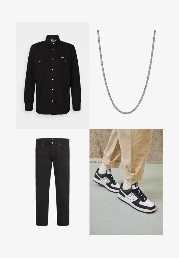 Schwarzes Button-Up-Hemd mit spitzem Kragen, zwei Brusttaschen, weißen Druckknöpfen und strukturiertem Stoff. Wrangler-Logo auf der linken Brust.; Schwarze gerade geschnittene Jeans mit Knopf- und Reißverschluss, Vorder- und Gesäßtaschen sowie Gürtelschlaufen von der Marke Lee.; Schwarz-weiße Nike Air Force 1 Sneaker mit einem Obermaterial aus Leder, perforierter Zehenpartie und strukturiertem Sohlendesign, getragen mit aufgerollten beigen Hosen und weißen Socken.; Metallkettengliedhalskette mit geflochtenem Design, silberner Farbe, glatter Textur und gleichmäßigen Gliedern, geeignet für verschiedene Stile und Anlässe.