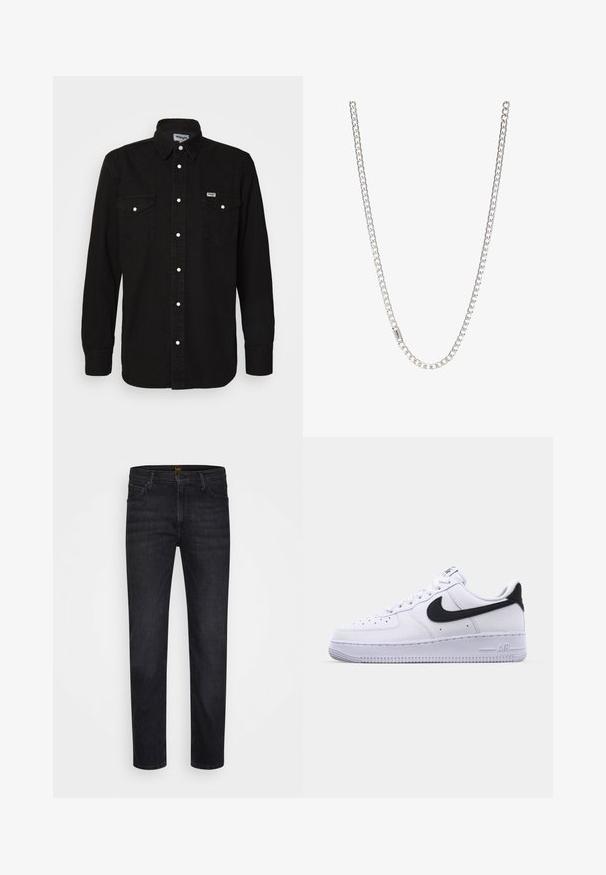 Schwarzes Button-Up-Hemd mit spitzem Kragen, zwei Brusttaschen, weißen Druckknöpfen und strukturiertem Stoff. Wrangler-Logo auf der linken Brust.; Schwarze gerade geschnittene Jeans mit Vorderentaschen und Gürtelschlaufen, vor einem schlichten weißen Hintergrund präsentiert.; Weißes Leder-Sneaker mit einem strukturierten schwarzen Swoosh, flachen Schnürsenkeln und einer Gummisohle mit genoppetem Muster. "AIR" ist auf der Ferse eingeprägt.; Silberne Kettenhalskette mit ineinandergreifenden Gliedern, glatter Textur und einheitlicher rechteckiger Form. Sicherer Verschluss.