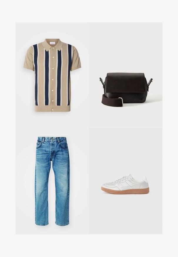 Tan korte mouw polo met marineblauwe en witte verticale strepen, voor knoopsluiting en een klassieke kraag. Zachte gebreide stof.; Blauwe denim jeans met een ontspannen pasvorm, voorzien van vijf zakken, een knopenfly, subtiele vervaging en een licht afgeknipte zoom.; Zilveren sneakers met een gladde textuur, vetersluiting, geperforeerde accenten en een gestructureerde bruine rubberen zool.; Donkerbruine leren schoudertas met klepsluiting en verstelbare stoffen riem op witte achtergrond.