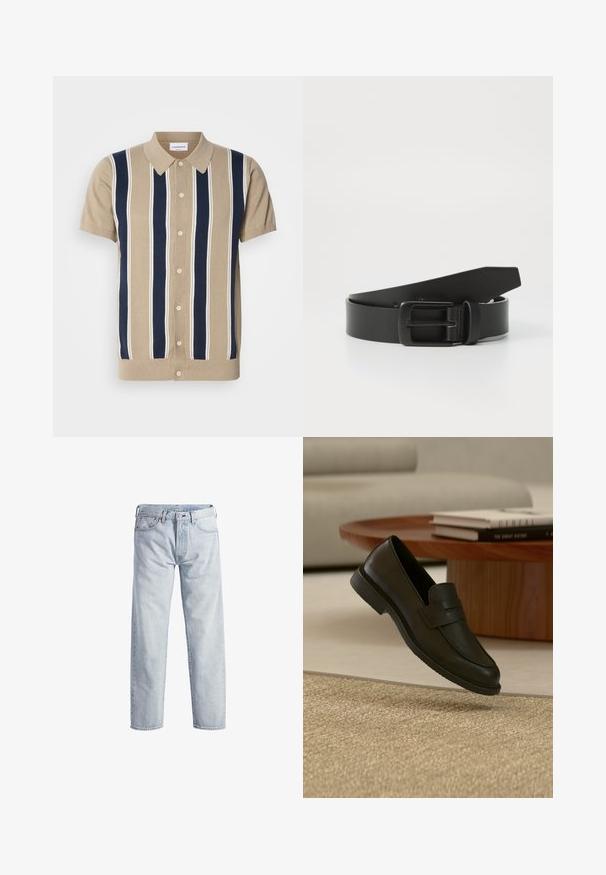 Kurzes Polohemd in Tan mit navyblauen und weißen vertikalen Streifen, Knopfleiste vorne und klassischem Kragen. Aus weichem Strickstoff.; Hellblaue Denim-Jeans mit geradem Bein, Knopfleiste, fünf Taschen und subtilen Verwaschungen. Mit metallischen Hardware-Details ausgestattet.; Schwarzer Lederloafer-Schuh schwebt über einem beige gewebten Teppich, mit einem Holztisch und gestapelten Büchern in einem sanft beleuchteten Wohnzimmer.; Schwarzer Leder Gürtel mit einer mattschwarzen Metallschließe, ausgestattet mit einer glatten Textur und einfachem Design. Verstellbare Länge mit zulaufendem Ende.
