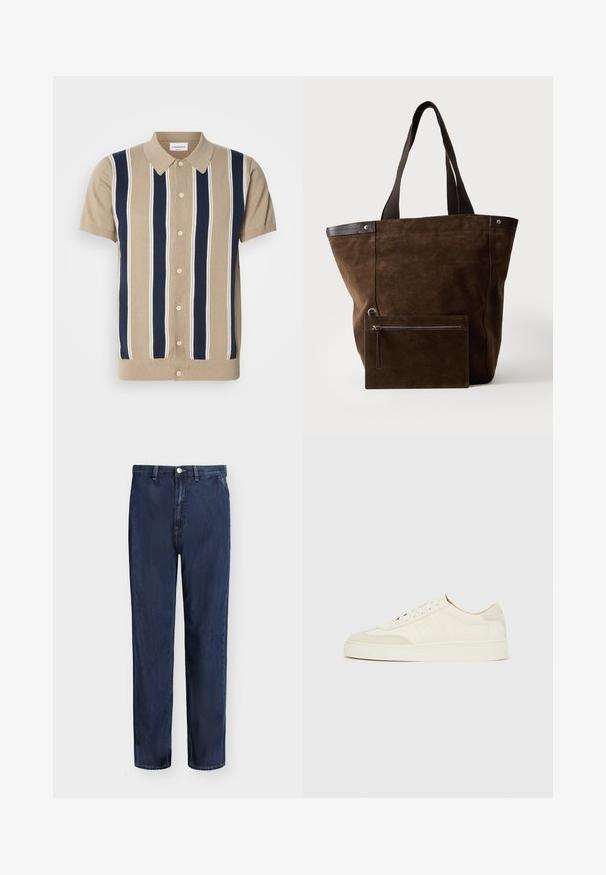 Kurzes Polohemd in Tan mit navyblauen und weißen vertikalen Streifen, Knopfleiste vorne und klassischem Kragen. Aus weichem Strickstoff.; Dunkelblaue Straight-Leg-Denim-Jeans mit Gürtelschlaufen, vorne mit Knopf und Reißverschluss, dargestellt vor einem schlichten hellen Hintergrund.; Weiße Wildleder-Sneaker mit glatter Oberfläche, rundem Zehenbereich, flachem Schnürdesign und kontrastierenden, strukturierten Akzenten. Mit einem dezenten Logodetail versehen.; Dunkelbraune Veloursleder-Tote mit schwarzen Griffen und einem passenden rechteckigen Reißverschlussbeutel, der vorne befestigt ist.