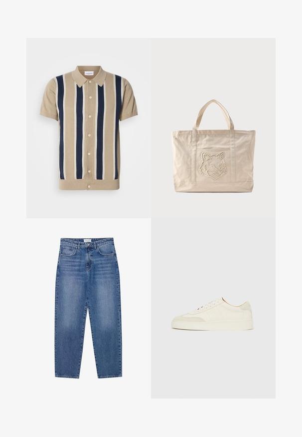 Tan polo med korte ærmer, navy og hvide lodrette striber, frontknaplukning og en klassisk krave. Blødt strikket stof.; Blå denim jeans med høj talje, lige ben design og slidte finish. Har fem lommer og en knaplukning.; Hvide ruskinds-sneakers med en glat finish, rund tå, fladt snøresystem og kontrasterende teksturerede detaljer. Indeholder et diskret logo.; Beige lærredsnettaske med dobbelte håndtag og et præget ulvehoveddesign på forlommen.