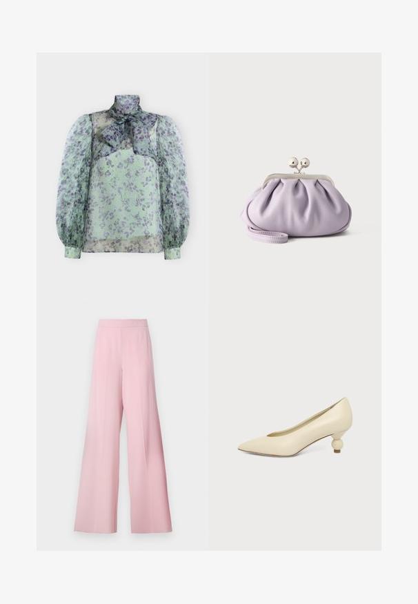 Blouse transparente à manches longues avec motif floral vert et violet, col montant et grand nœud au col.; Pantalons larges en tissu rose clair, avec une texture lisse, une taille haute et sans motifs ni accents visibles.; Chaussure femme couleur crème à bout pointu avec un petit talon rond en forme de boule, sur fond uni.; Pochette lavande douce avec tissu froncé, fermoir kiss-lock argenté et bracelet assorti sur un fond clair uni.