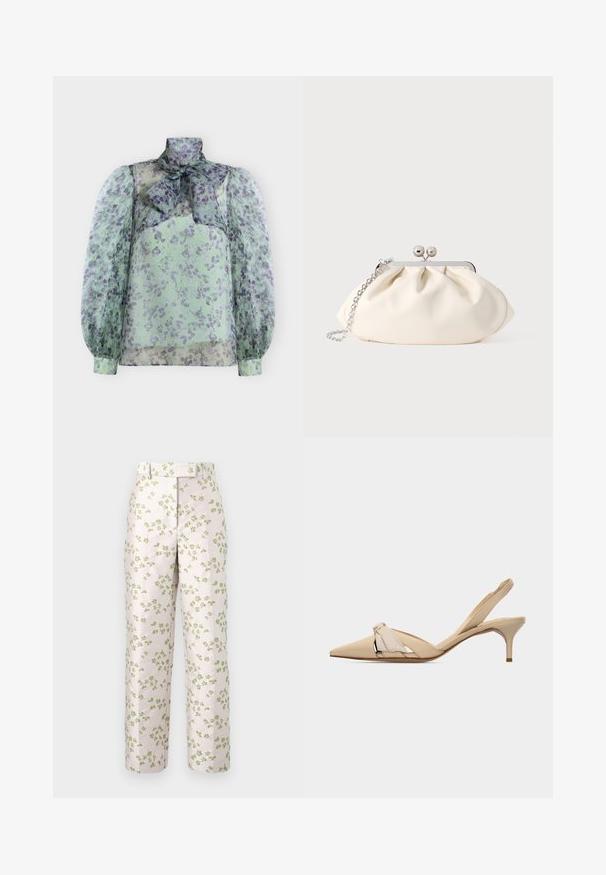 Blouse transparente à manches longues avec motif floral vert et violet, col montant et grand nœud au col.; Pantalon à jambes droites rose clair avec un petit imprimé floral vert, doté d'une taille haute et d'une fermeture avant dissimulée.; Chaussure beige à bouts pointus avec bride arrière, talon kitten bas et fin, et nœud décoratif sur la tige.; Pochette en tissu crème avec un design froncé, cadre en métal argenté, deux boules décoratives, et une bandoulière chaîne argentée.