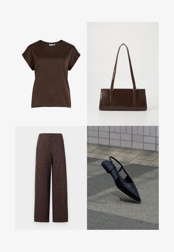 Top marrón de manga corta con un escote redondo, confeccionado en tela suave, con mangas enrolladas y un corte relajado. Etiqueta de la marca visible.; Pantalones marrones de pierna ancha con estampado de leopardo negro, cintura alta, sin bolsillos ni cierres visibles, mostrados extendidos sobre fondo blanco.; Zapato plano negro de punta puntiaguda con tiras traseras flotando sobre una superficie de asfalto junto a una acera con baldosas.; Bolso de mano de piel sintética marrón con forma rectangular, dos asas largas y sutiles acentos curvados en la parte delantera.