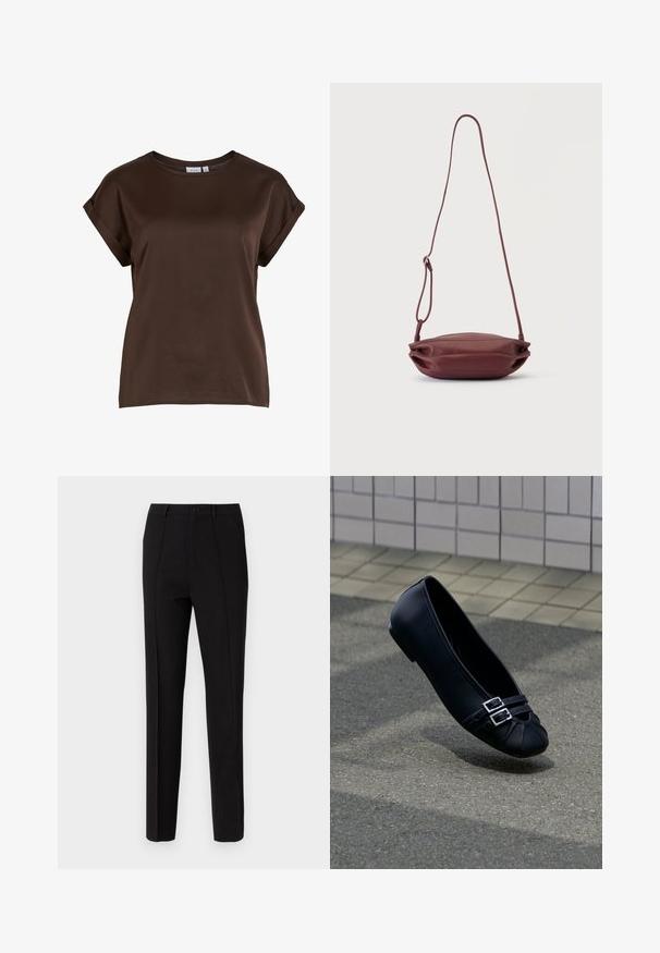 Bruine, korte mouwen top met een ronde halslijn, gemaakt van gladde stof, met opgerolde mouwen en een relaxte pasvorm. Merkenlabel zichtbaar.; Zwarte slim-fit broek met een knoopsluiting, twee zijzakken en een zachte stofstructuur. Er zijn streepjesdetails zichtbaar.; Zwarte leren balletslof met twee zilveren gespen op een geplaveide ondergrond nabij een betegelde muur.; Kleine bordeauxrode leren crossbodytas met dun verstelbare riem, plat tegen een witte achtergrond weergegeven.